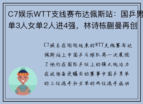 C7娱乐WTT支线赛布达佩斯站：国乒男单3人女单2人进4强，林诗栋蒯曼再创佳绩